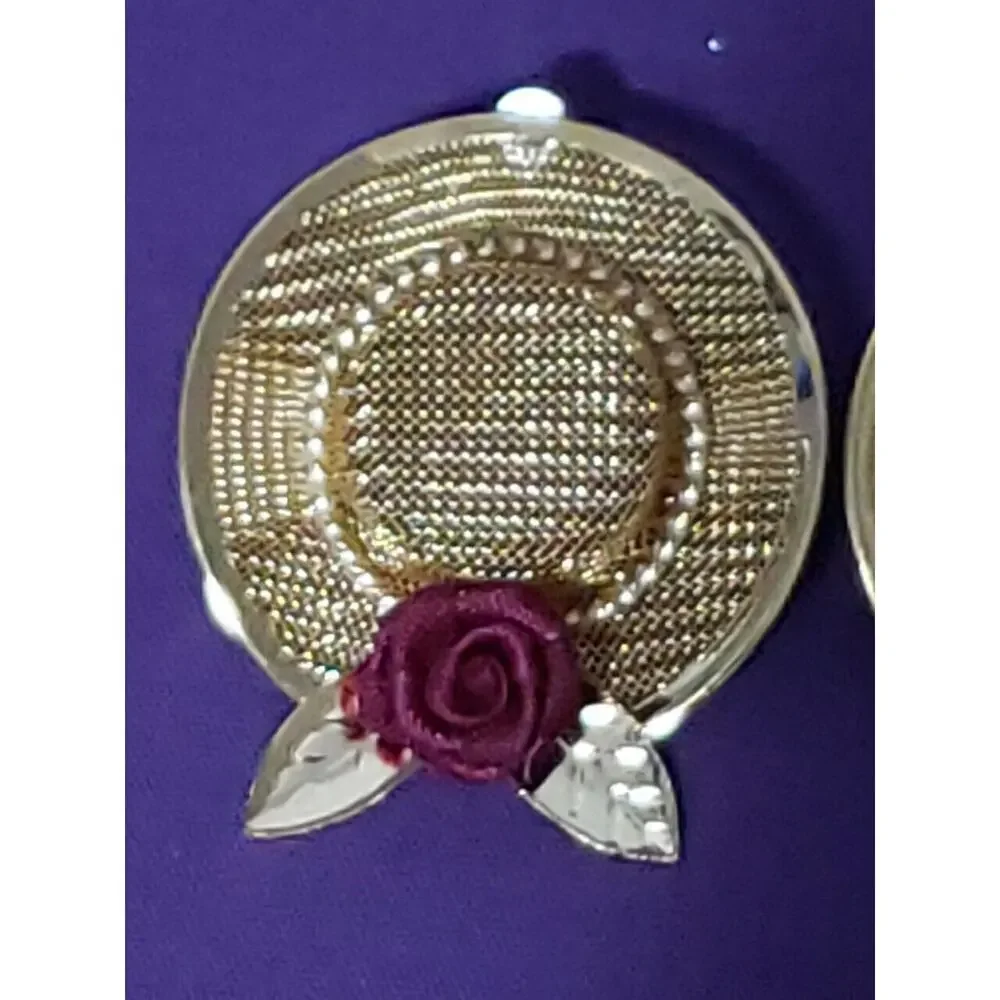 Straw Hat Pierced Earrings In Gold Tone Metal With Burgundy Flower Accent